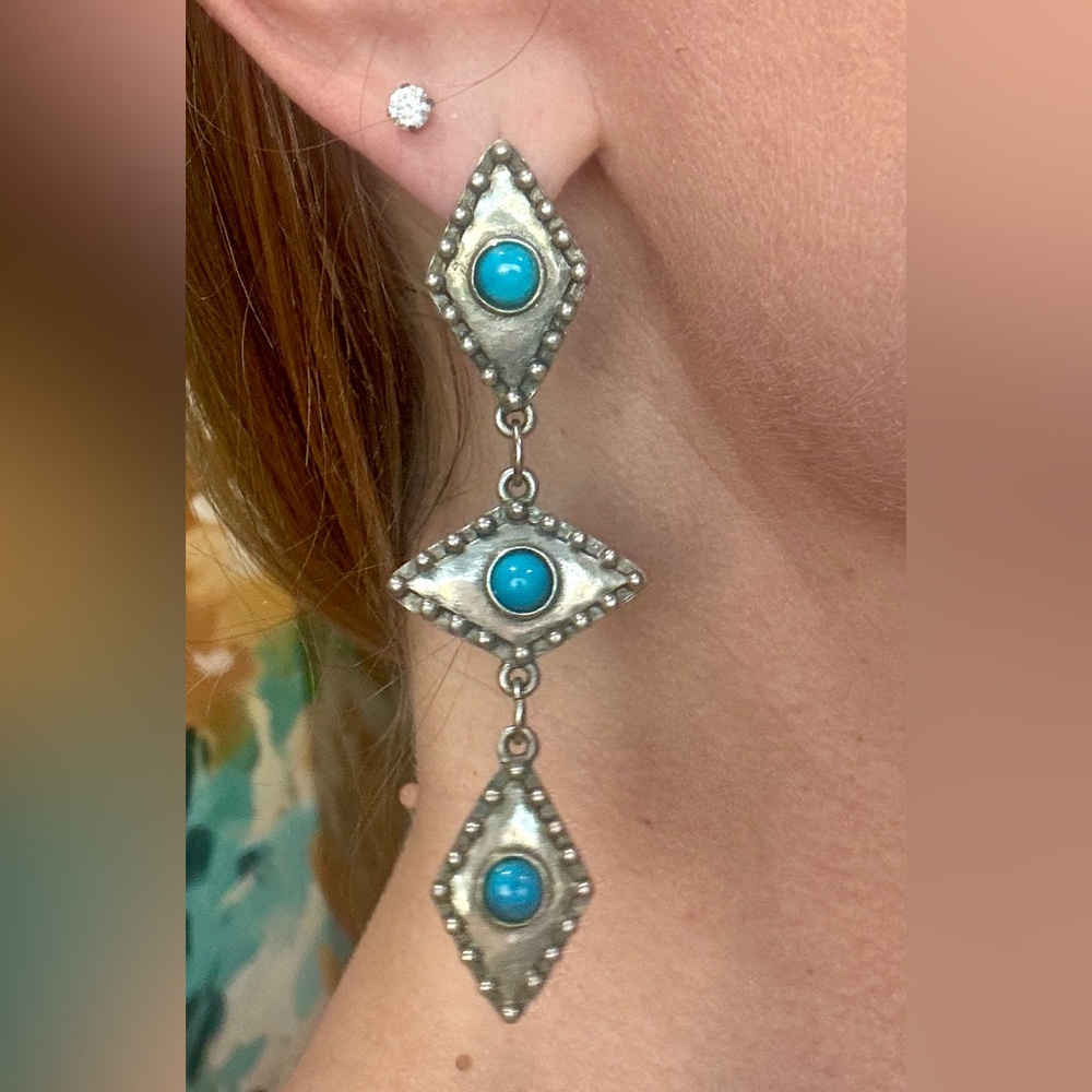 Vintage Sterling Silver Turquoise Dangle Earrings Southwestern Navajo Style